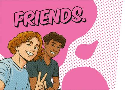 Grafik mit einer gezeichneten Person und dem Begriff Friends